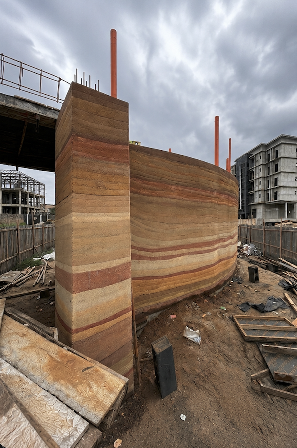 Rammed earth wall under construction in Port Harcourt